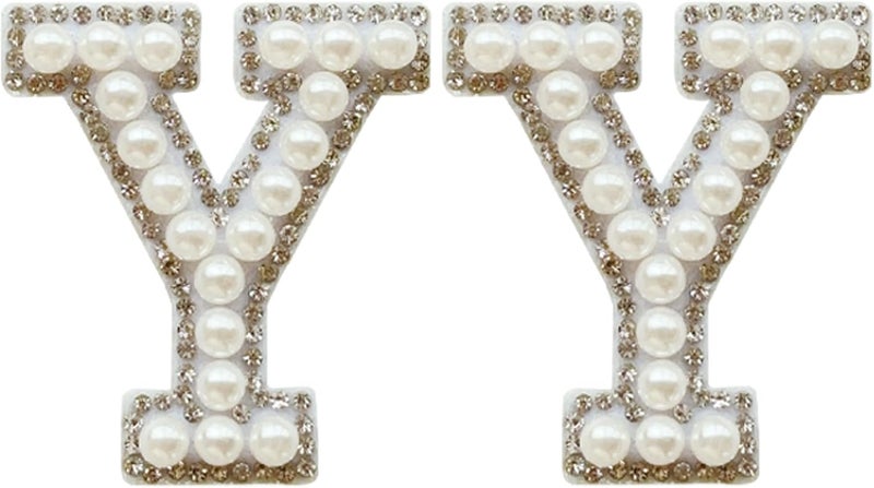 SOYCEV 2PCS White Pearl Iron on Letter Patches Rhinestone Letter Patches Sequin Letter Patches Sparkly Letter Patches for Backpacks Clothing (Y) - Image 1